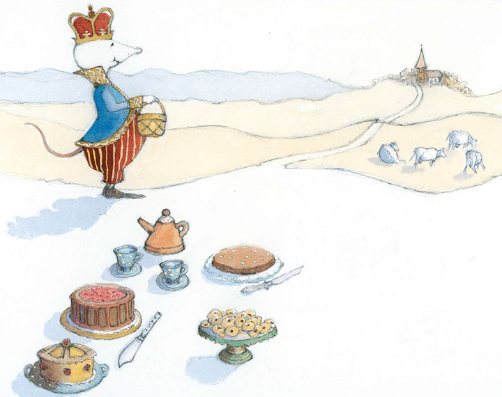 Kan du förstå, vi är redan hos K! Och kung Konrad den snälle blir så glad. Han bjuder på kaffe och kakor av choklad. Landets mäktigaste mus är han, med ett hjärta av guld minsann! Från Linas ABC-bok illustratör och författare Margareta Fridén